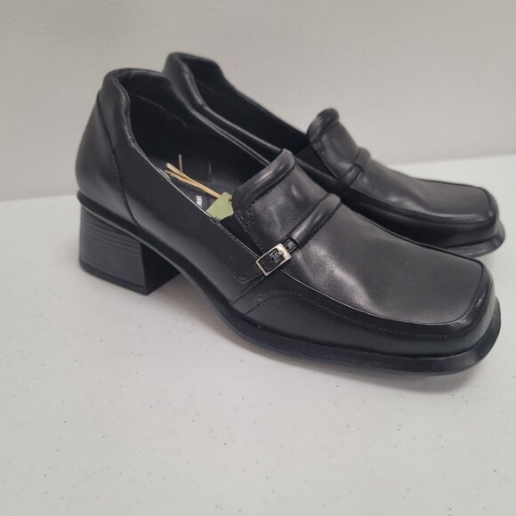Earth Shoes Womens Chunky Pilgrim Loafer Heels Size 8.5 Black Square Toe Comfort - Picture 1 of 16